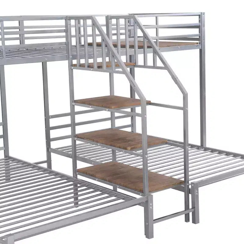 Twin over Twin-Twin Triple Loft Bunk Bed with Storage Shelves, Staircase and Safety Guardrail for Kids