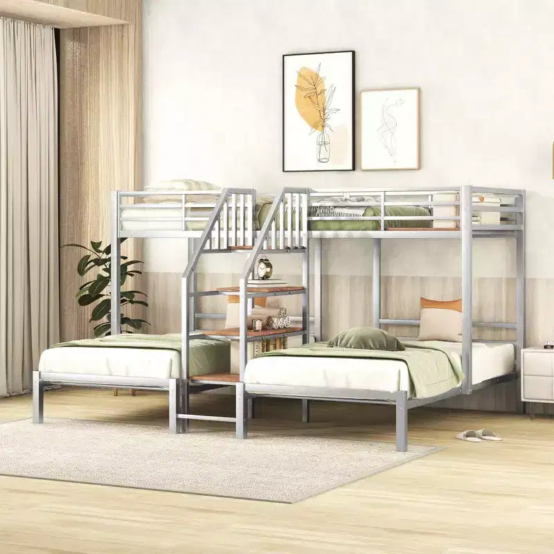 Twin over Twin-Twin Triple Loft Bunk Bed with Storage Shelves, Staircase and Safety Guardrail for Kids