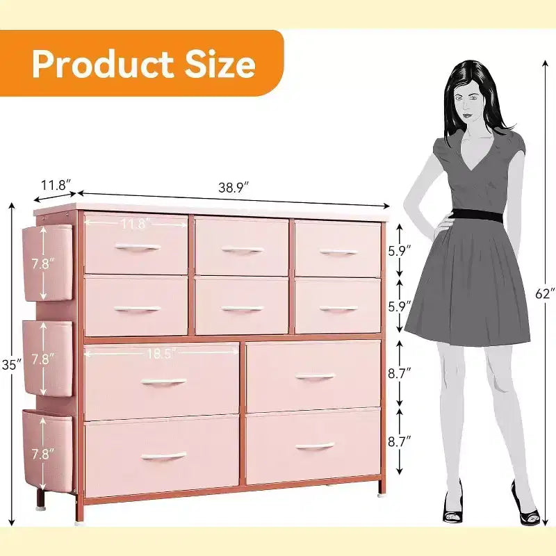 10-Drawer Multifunctional Dresser Tower with Fabric Pockets, Hooks & Waterproof Top