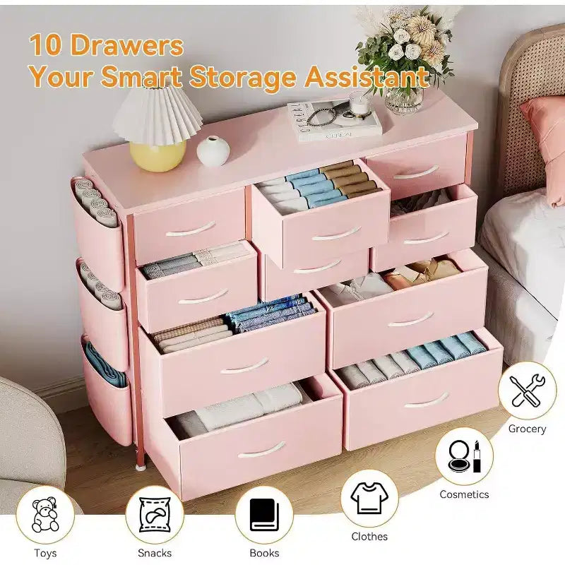10-Drawer Multifunctional Dresser Tower with Fabric Pockets, Hooks & Waterproof Top