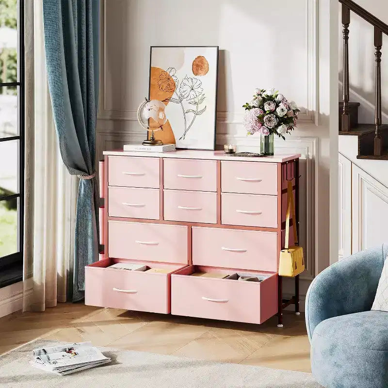 10-Drawer Multifunctional Dresser Tower with Fabric Pockets, Hooks & Waterproof Top