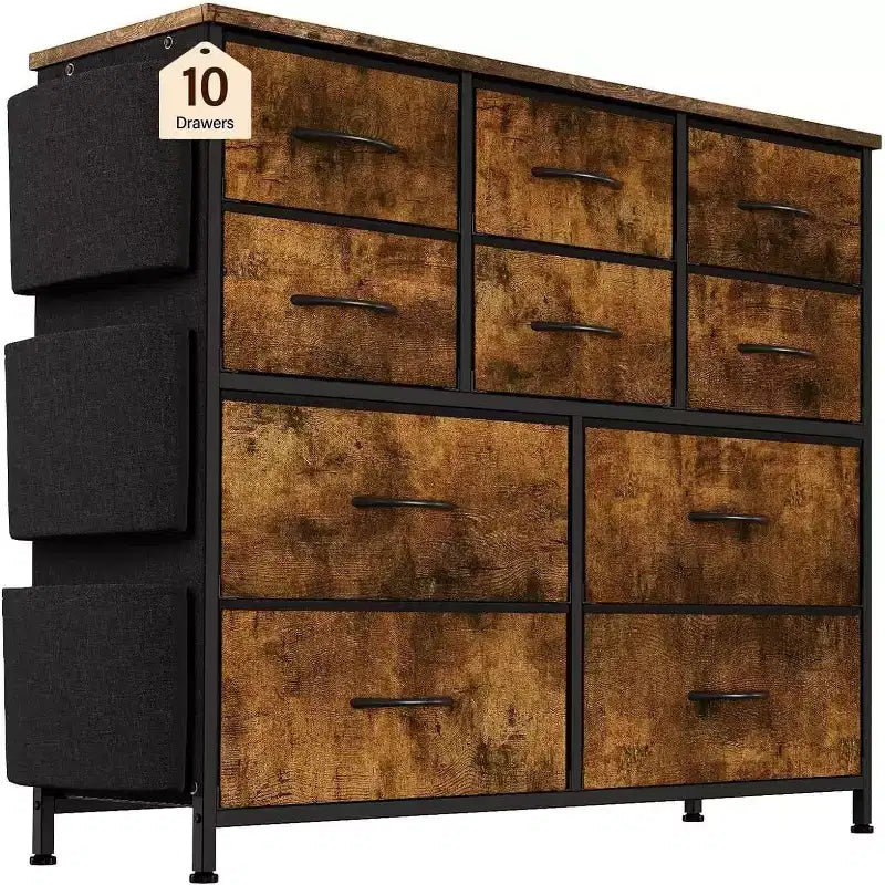 10-Drawer Multifunctional Dresser Tower with Fabric Pockets, Hooks & Waterproof Top