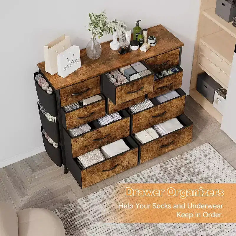 10-Drawer Multifunctional Dresser Tower with Fabric Pockets, Hooks & Waterproof Top