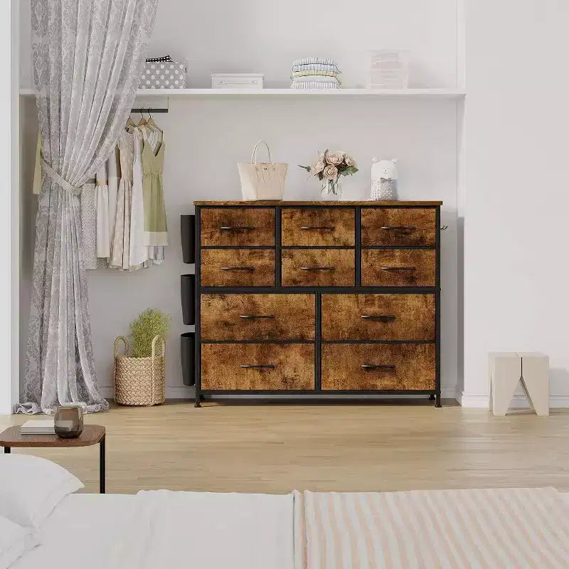 10-Drawer Multifunctional Dresser Tower with Fabric Pockets, Hooks & Waterproof Top