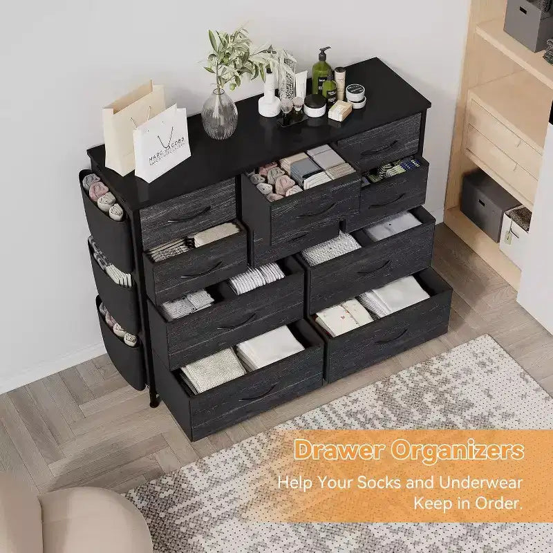 10-Drawer Multifunctional Dresser Tower with Fabric Pockets, Hooks & Waterproof Top