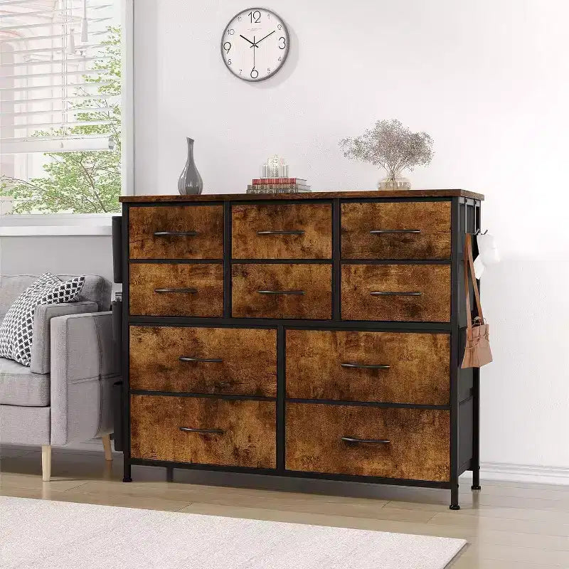 10-Drawer Multifunctional Dresser Tower with Fabric Pockets, Hooks & Waterproof Top