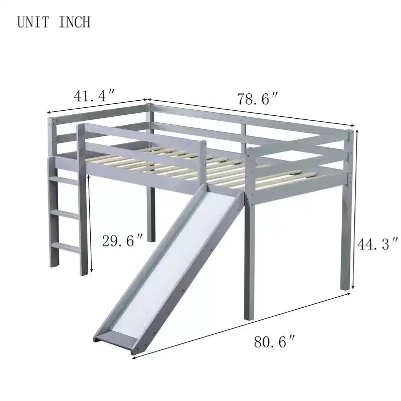 Twin Low Loft Bed with Slide, Ladder and Safety Guardrails - Gray