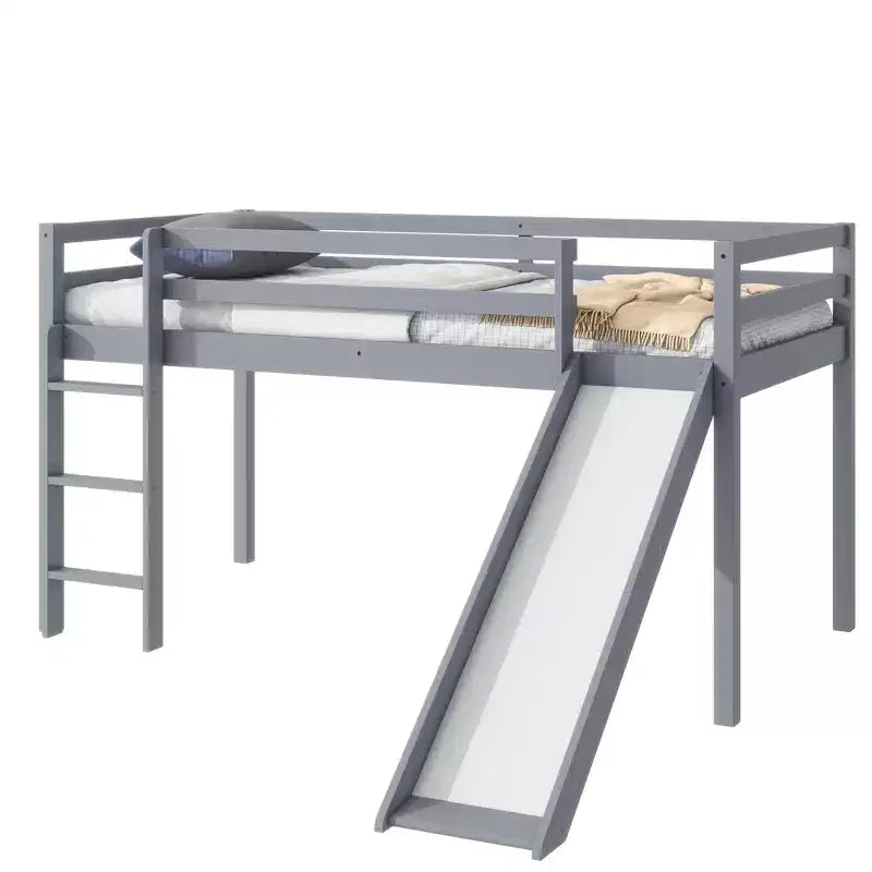 Twin Low Loft Bed with Slide, Ladder and Safety Guardrails - Gray
