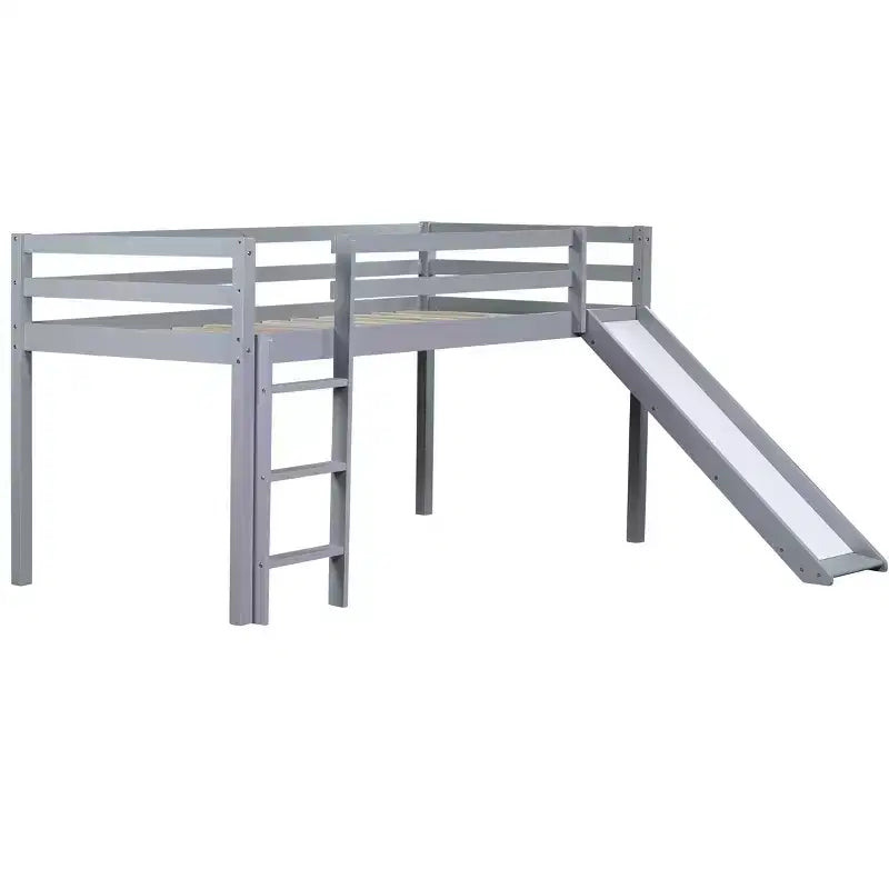 Twin Low Loft Bed with Slide, Ladder and Safety Guardrails - Gray