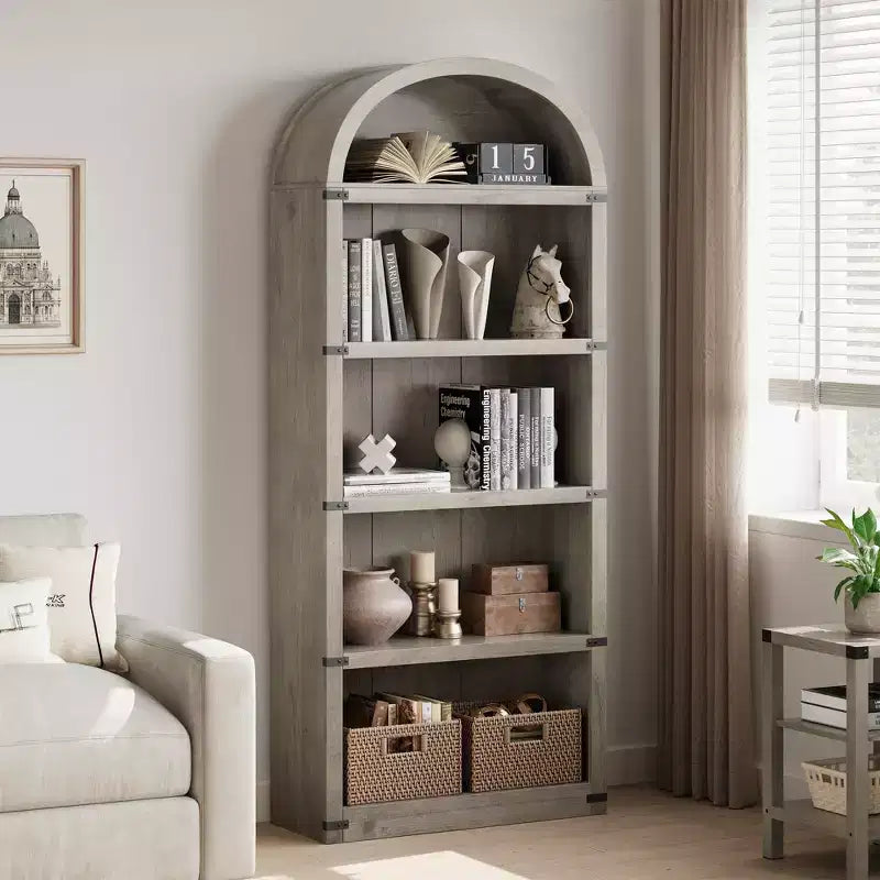 Bookcase 5 Shelf Arched Bookshelf 71.65in Tall Bookcase Farmhouse Display Storage Rack Wooden Bookshelves for Home Office, Living Room