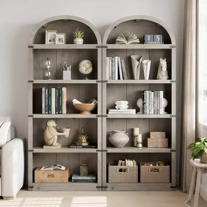 Bookcase 5 Shelf Arched Bookshelf 71.65in Tall Bookcase Farmhouse Display Storage Rack Wooden Bookshelves for Home Office, Living Room