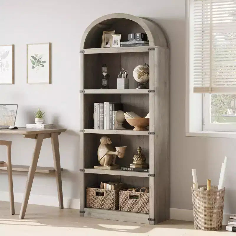 Bookcase 5 Shelf Arched Bookshelf 71.65in Tall Bookcase Farmhouse Display Storage Rack Wooden Bookshelves for Home Office, Living Room