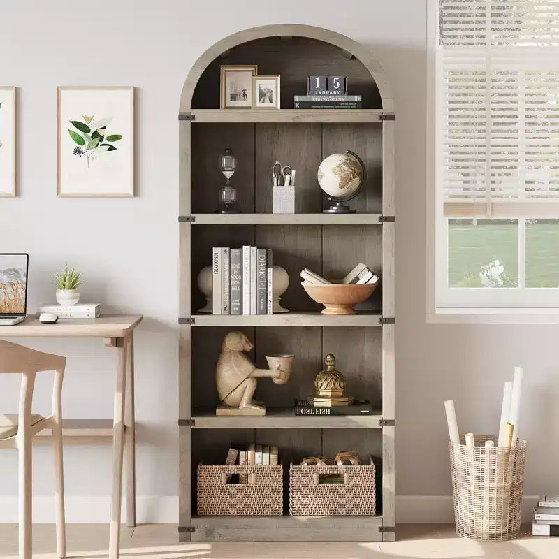 Bookcase 5 Shelf Arched Bookshelf 71.65in Tall Bookcase Farmhouse Display Storage Rack Wooden Bookshelves for Home Office, Living Room