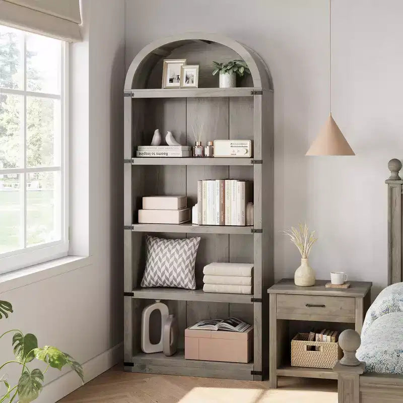 Bookcase 5 Shelf Arched Bookshelf 71.65in Tall Bookcase Farmhouse Display Storage Rack Wooden Bookshelves for Home Office, Living Room