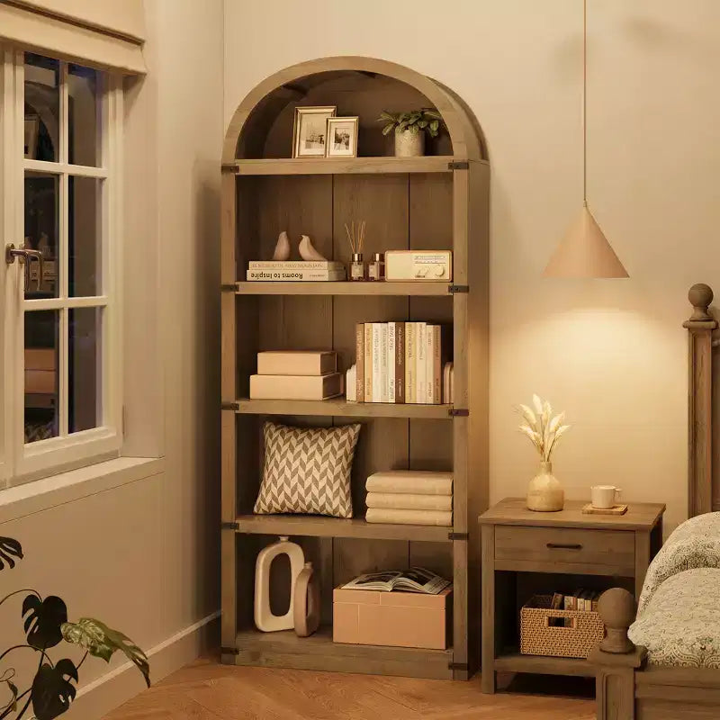 Bookcase 5 Shelf Arched Bookshelf 71.65in Tall Bookcase Farmhouse Display Storage Rack Wooden Bookshelves for Home Office, Living Room