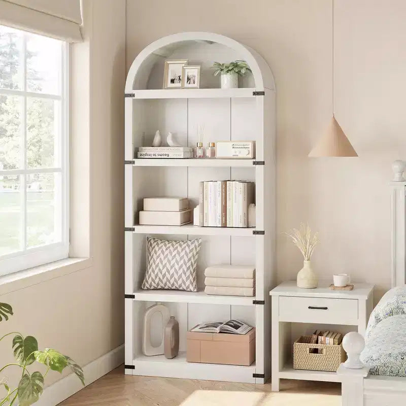 Bookcase 5 Shelf Arched Bookshelf 71.65in Tall Bookcase Farmhouse Display Storage Rack Wooden Bookshelves for Home Office, Living Room