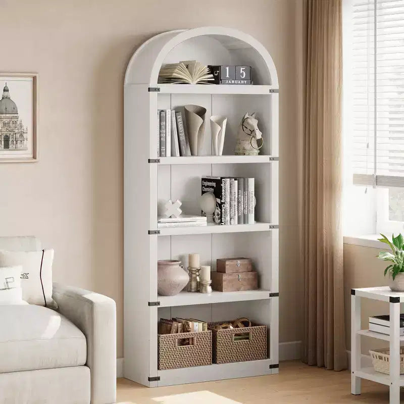Bookcase 5 Shelf Arched Bookshelf 71.65in Tall Bookcase Farmhouse Display Storage Rack Wooden Bookshelves for Home Office, Living Room