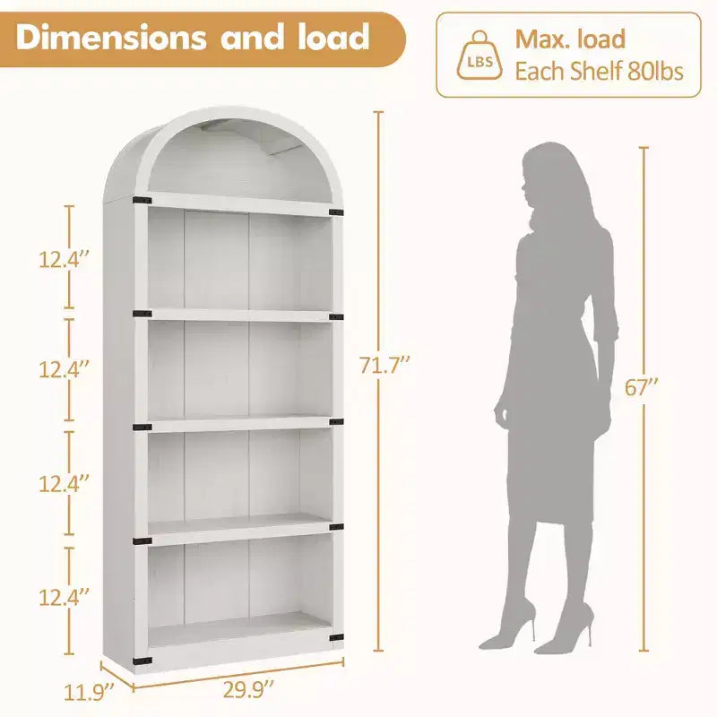Bookcase 5 Shelf Arched Bookshelf 71.65in Tall Bookcase Farmhouse Display Storage Rack Wooden Bookshelves for Home Office, Living Room