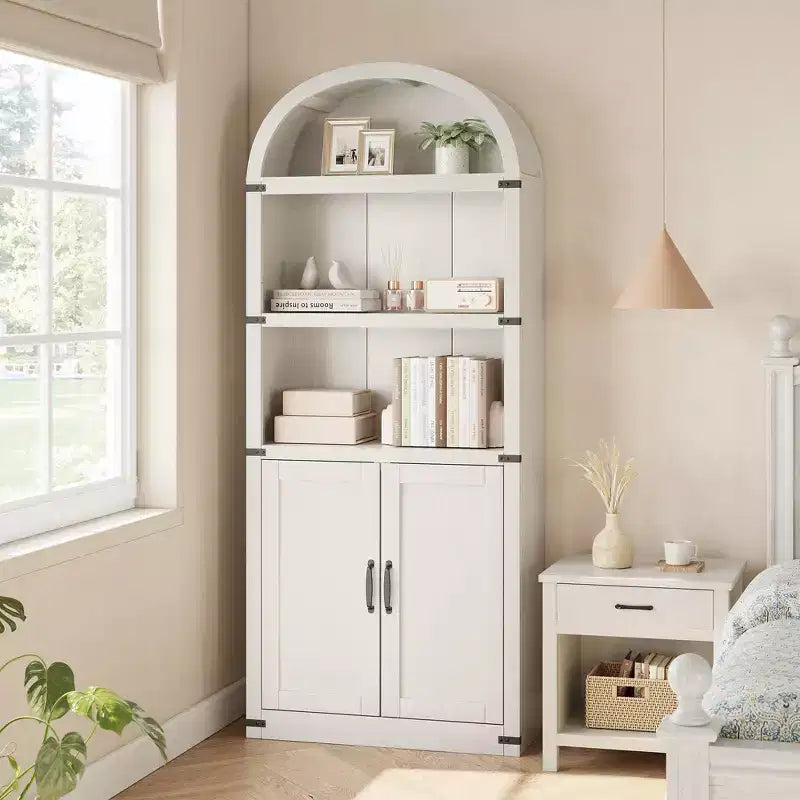 Bookcase 5 Shelf Arched Bookshelf 71.65in Tall Bookcase Farmhouse Display Storage Rack Wooden Bookshelves for Home Office, Living Room