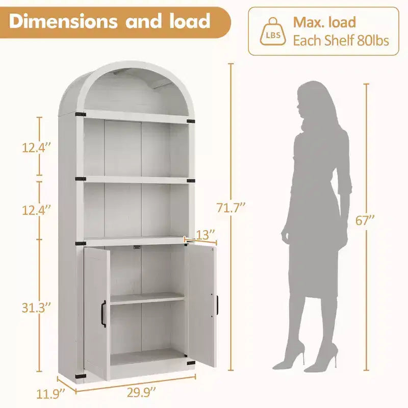 Bookcase 5 Shelf Arched Bookshelf 71.65in Tall Bookcase Farmhouse Display Storage Rack Wooden Bookshelves for Home Office, Living Room