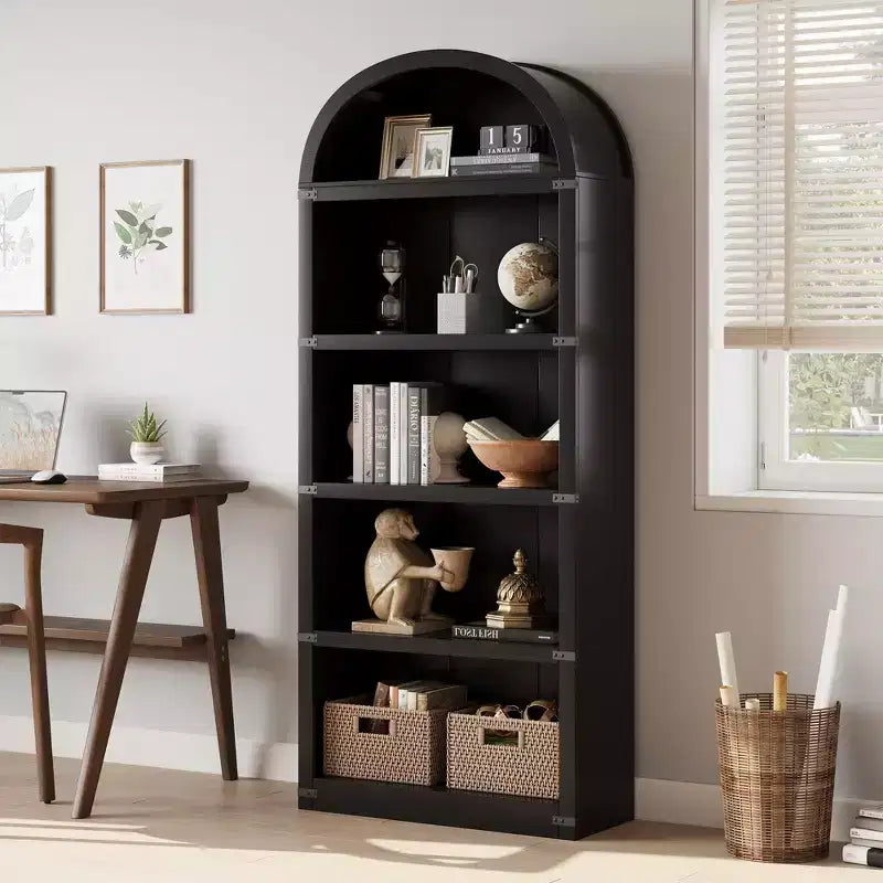 Bookcase 5 Shelf Arched Bookshelf 71.65in Tall Bookcase Farmhouse Display Storage Rack Wooden Bookshelves for Home Office, Living Room