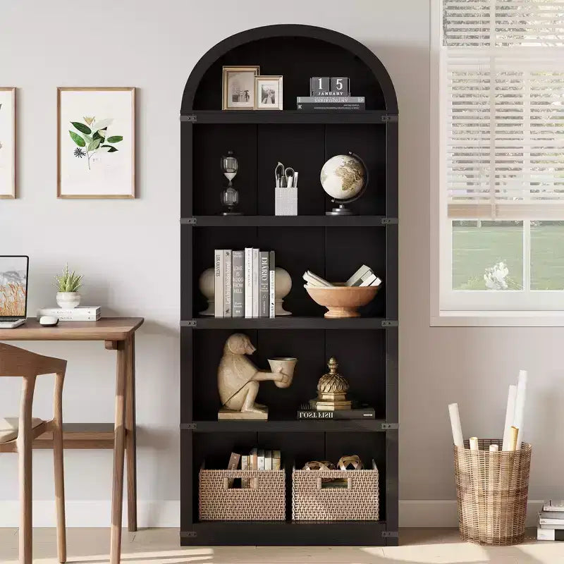 Bookcase 5 Shelf Arched Bookshelf 71.65in Tall Bookcase Farmhouse Display Storage Rack Wooden Bookshelves for Home Office, Living Room