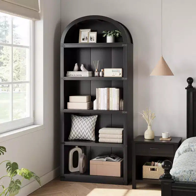 Bookcase 5 Shelf Arched Bookshelf 71.65in Tall Bookcase Farmhouse Display Storage Rack Wooden Bookshelves for Home Office, Living Room