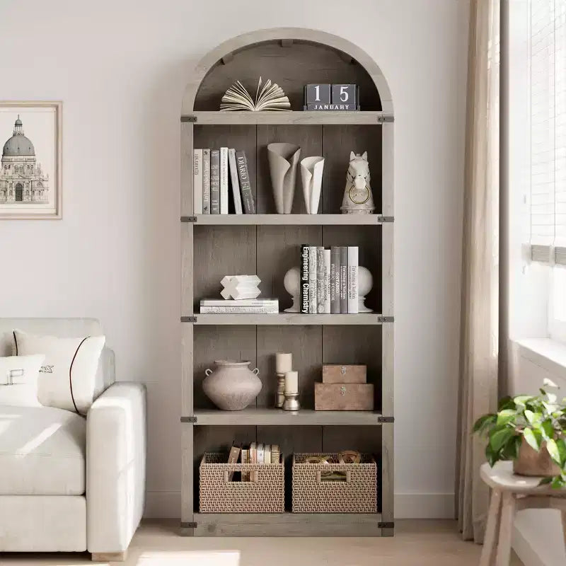 Bookcase 5 Shelf Arched Bookshelf 71.65in Tall Bookcase Farmhouse Display Storage Rack Wooden Bookshelves for Home Office, Living Room