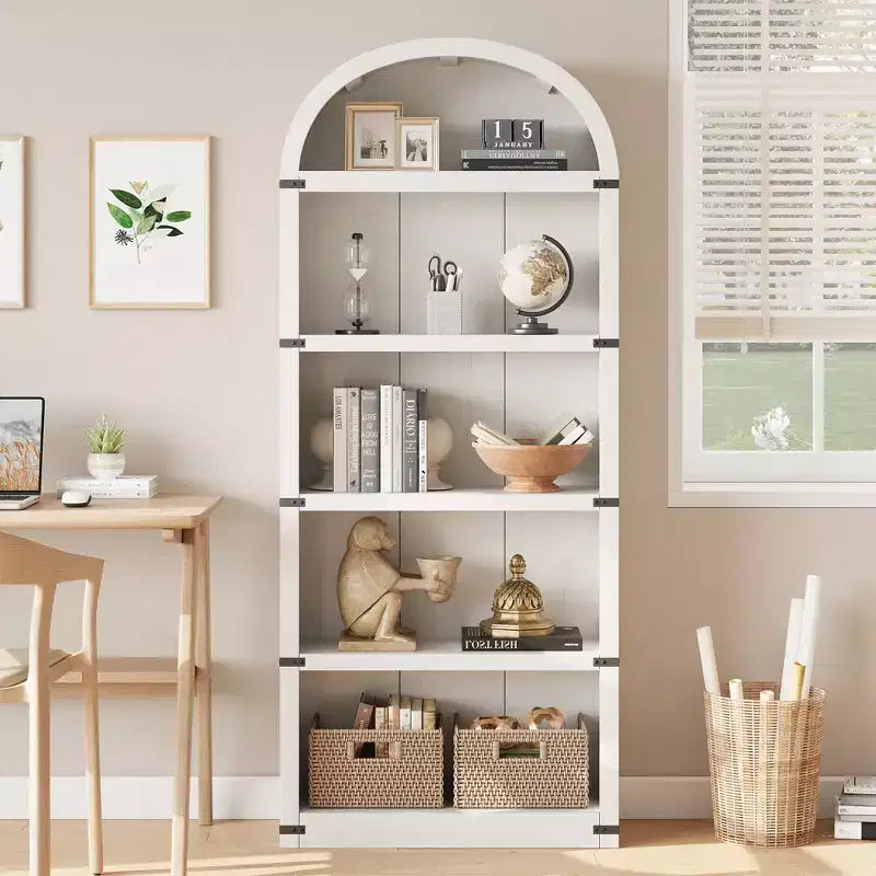 Bookcase 5 Shelf Arched Bookshelf 71.65in Tall Bookcase Farmhouse Display Storage Rack Wooden Bookshelves for Home Office, Living Room