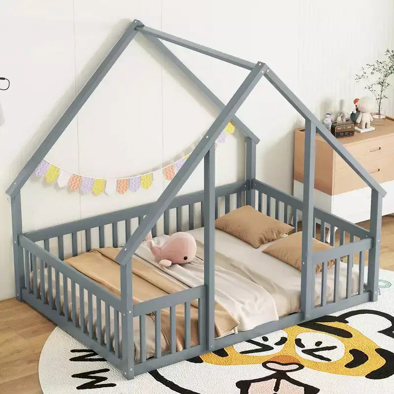 Twin Wood House-shaped Floor Bed with Fence and Guardrails - Gray