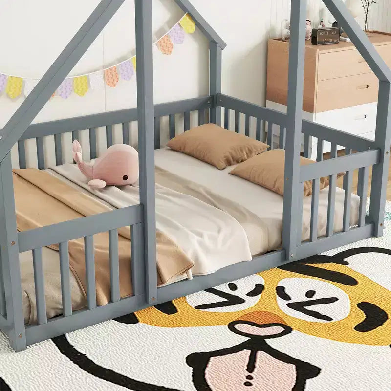 Twin Wood House-shaped Floor Bed with Fence and Guardrails - Gray