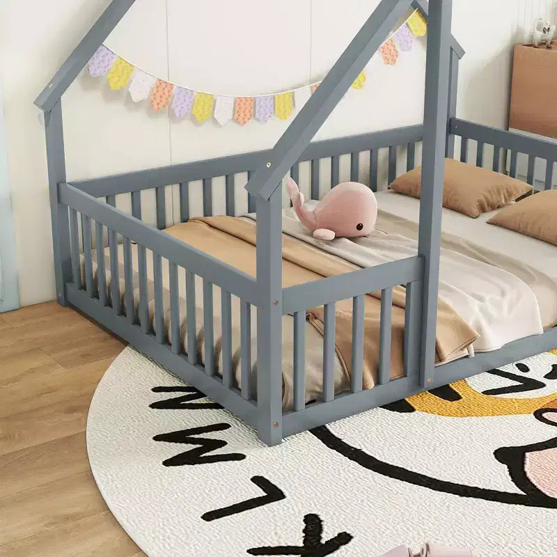 Twin Wood House-shaped Floor Bed with Fence and Guardrails - Gray