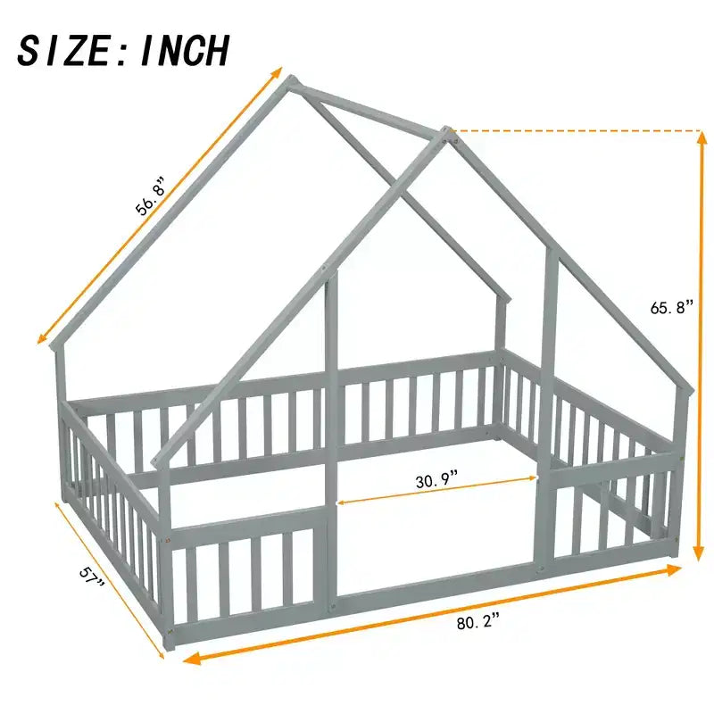 Twin Wood House-shaped Floor Bed with Fence and Guardrails - Gray