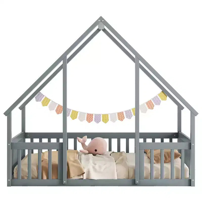 Twin Wood House-shaped Floor Bed with Fence and Guardrails - Gray
