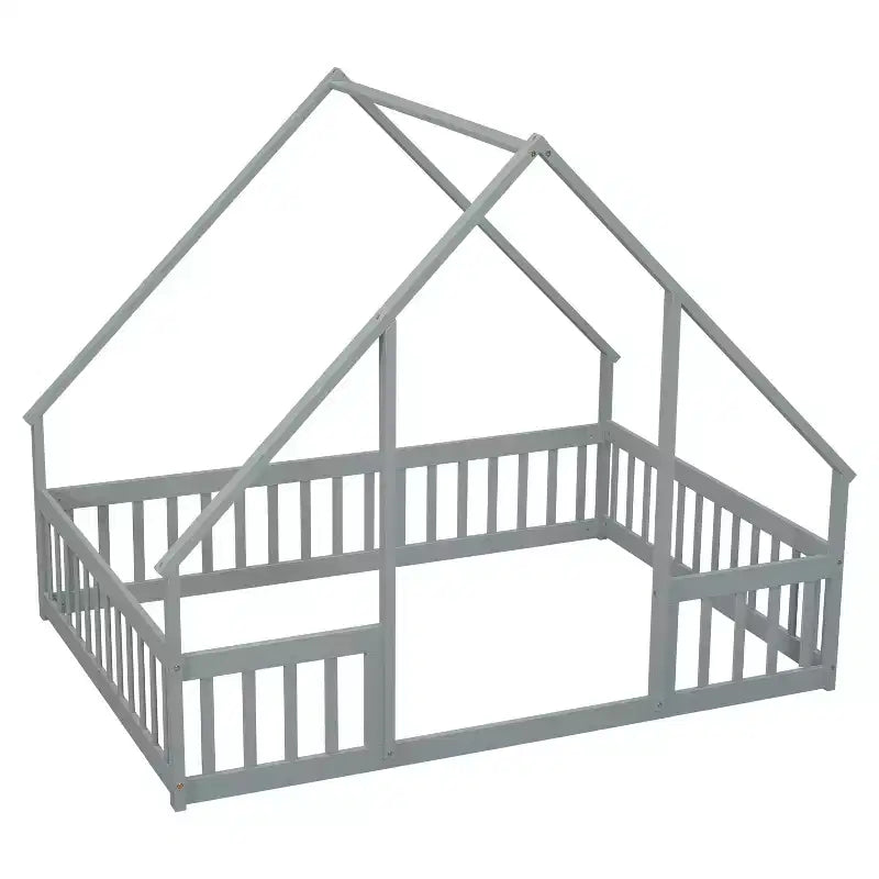 Twin Wood House-shaped Floor Bed with Fence and Guardrails - Gray
