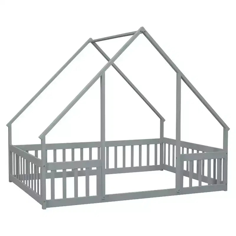 Twin Wood House-shaped Floor Bed with Fence and Guardrails - Gray