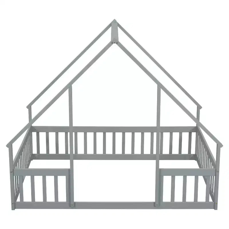 Twin Wood House-shaped Floor Bed with Fence and Guardrails - Gray