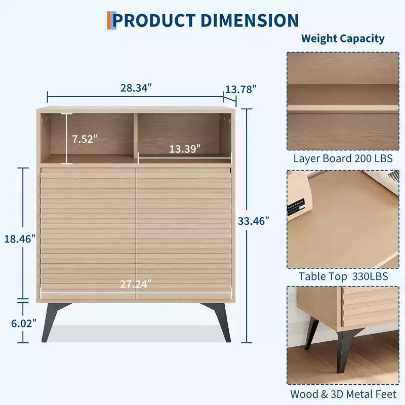 Fluted Storage Cabinet, Sideboard Buffet Cabinet with Storage & Adjustable Shelves for Kitchen, Entryway