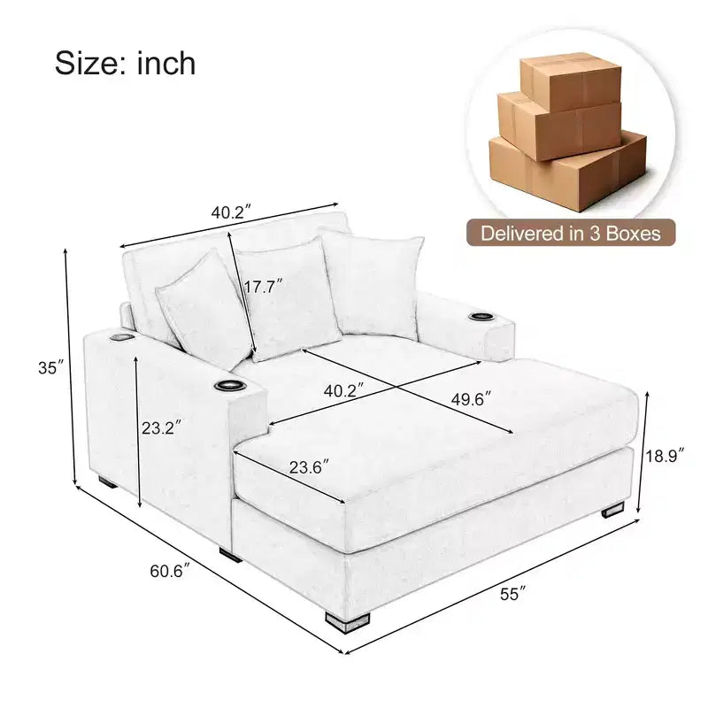 Modern Chenille Chaise Lounger with Charge Station, Cup Holders & Washable Cushions
