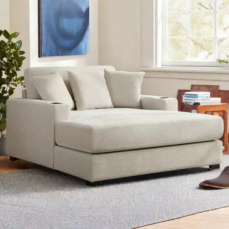 Modern Chenille Chaise Lounger with Charge Station, Cup Holders & Washable Cushions