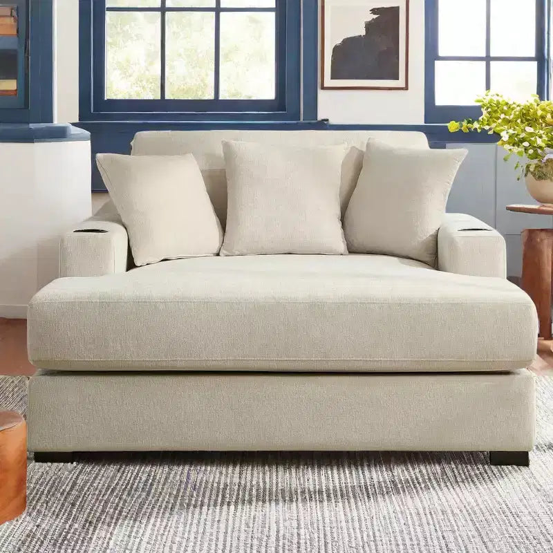 Modern Chenille Chaise Lounger with Charge Station, Cup Holders & Washable Cushions