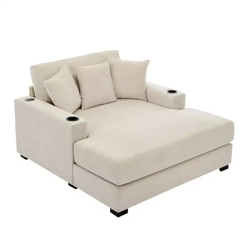 Modern Chenille Chaise Lounger with Charge Station, Cup Holders & Washable Cushions