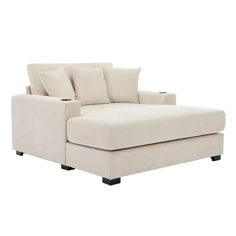 Modern Chenille Chaise Lounger with Charge Station, Cup Holders & Washable Cushions