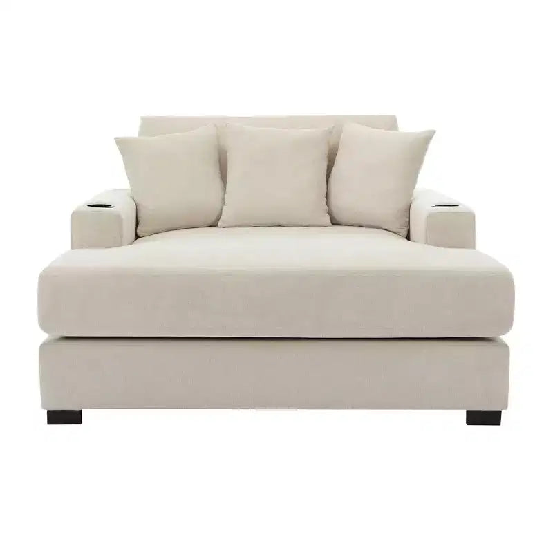 Modern Chenille Chaise Lounger with Charge Station, Cup Holders & Washable Cushions