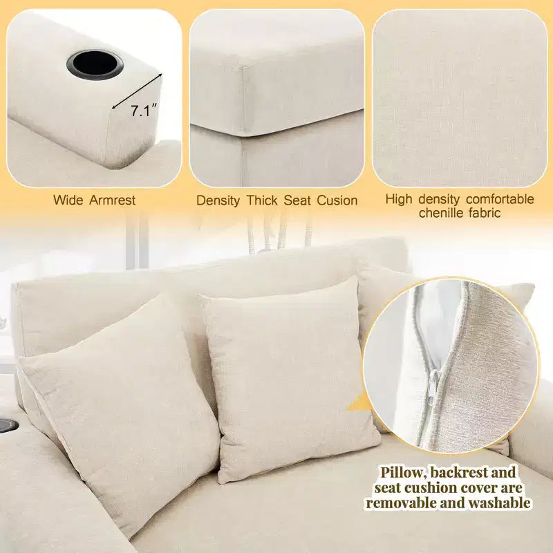 Modern Chenille Chaise Lounger with Charge Station, Cup Holders & Washable Cushions