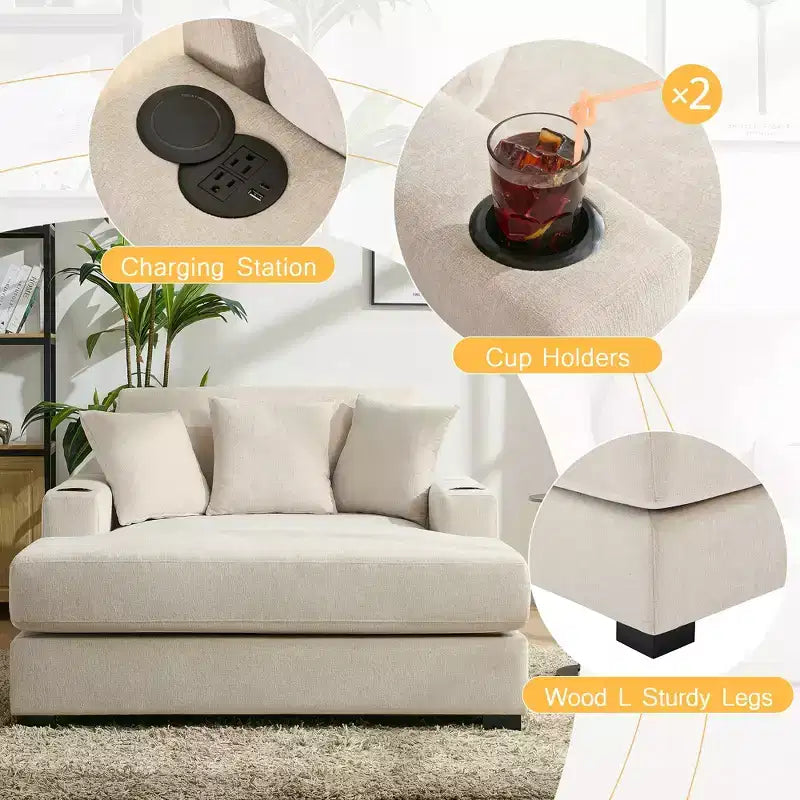 Modern Chenille Chaise Lounger with Charge Station, Cup Holders & Washable Cushions