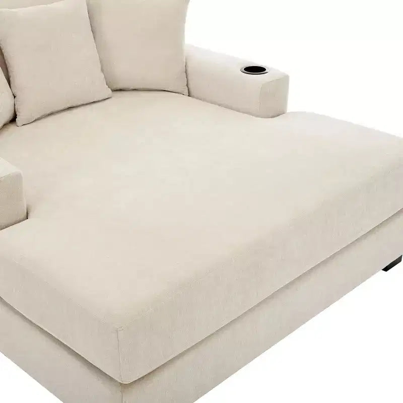 Modern Chenille Chaise Lounger with Charge Station, Cup Holders & Washable Cushions