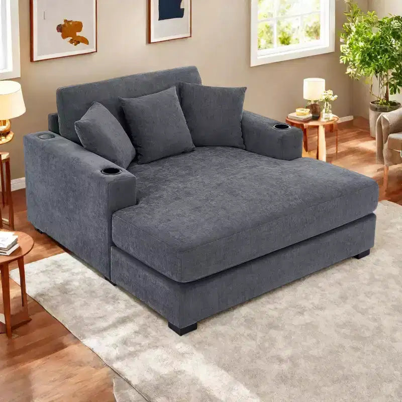 Modern Chenille Chaise Lounger with Charge Station, Cup Holders & Washable Cushions