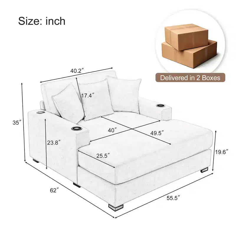 Modern Chenille Chaise Lounger with Charge Station, Cup Holders & Washable Cushions