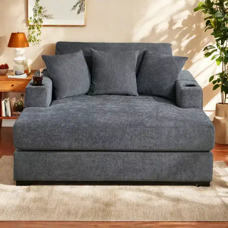 Modern Chenille Chaise Lounger with Charge Station, Cup Holders & Washable Cushions